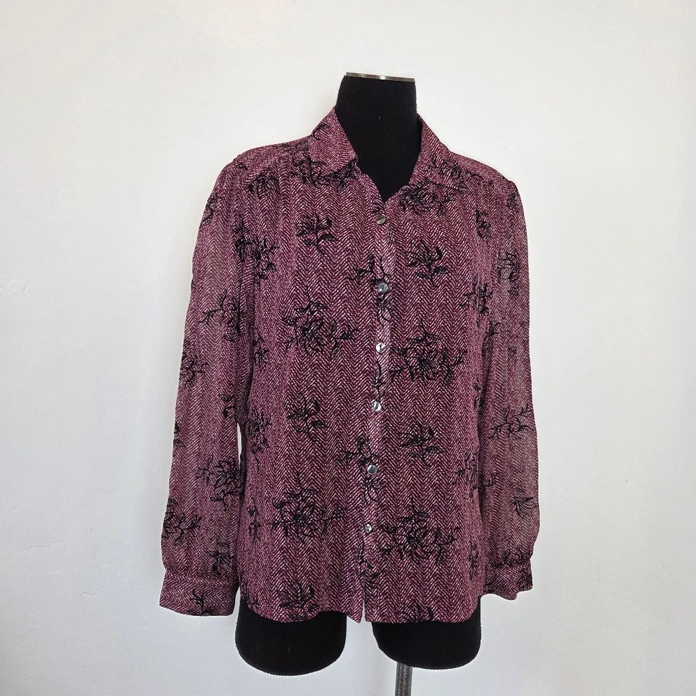 Sag Harbor Petite Blouse Top Purple Floral Sheer Mesh Grandma Vintage Style PXL
